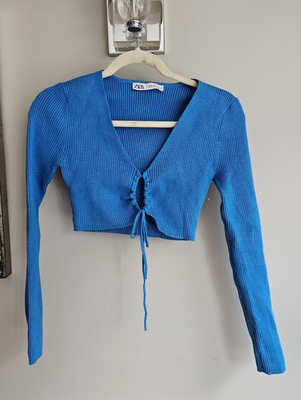ZARA Bright Electric Blue Ribbed Tie-Front Cropped Sweater Top - Size Medium